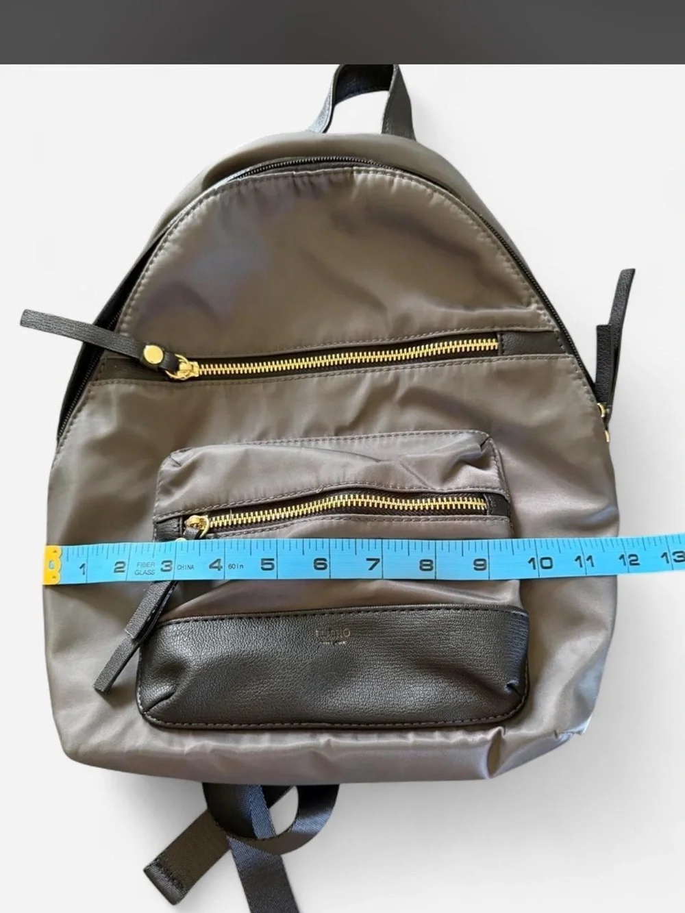 Gray Nylon Backpack with Black Leather Trim and Gold Hardware